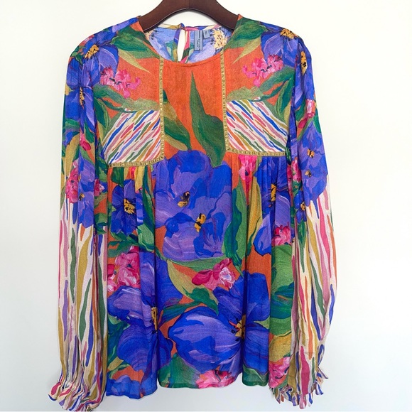 Bl^nk London Anthropologie Miranda Peasant Blouse S Balloon Sleeve Multicolor - Picture 3 of 9